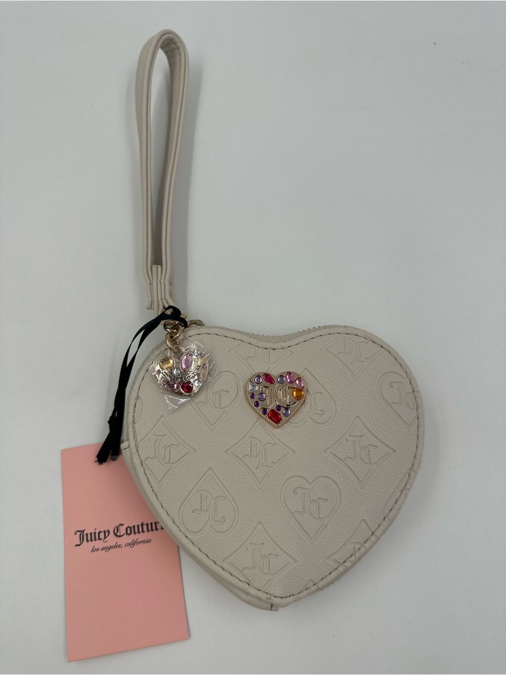 Juicy Couture Beige Heart Wristlet with Jeweled Accents